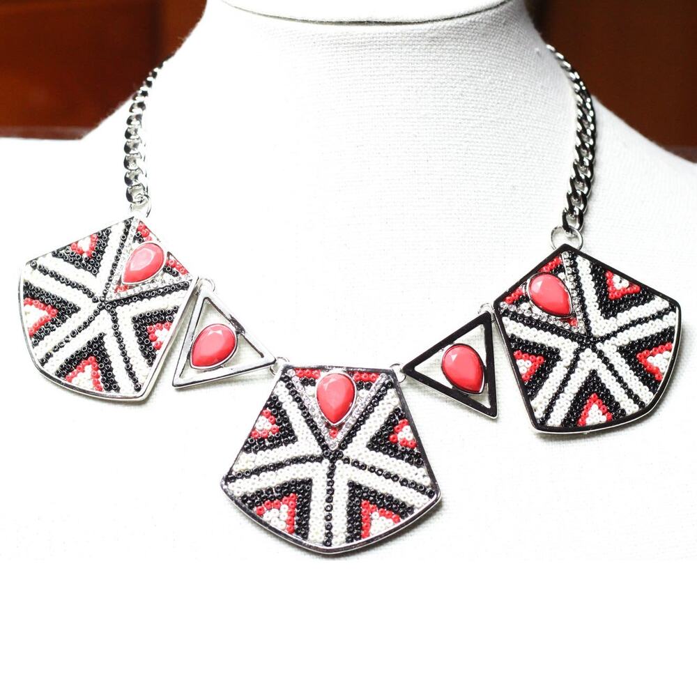 Silver Chain Coral Stone Seed Bead Collar Fashion Statement Necklace ~ NEW